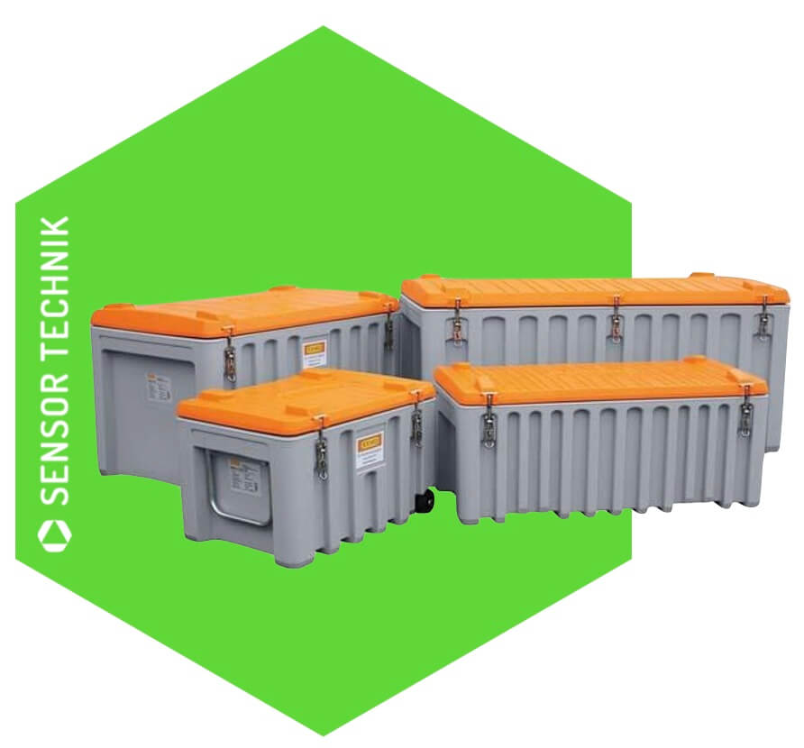 Mezőgazdasági tároló Dobozok különböző anyagok szakszerű tárolásához és szállításához. Szürke színű Polietilén tároló narancssárga zárható tetővel.